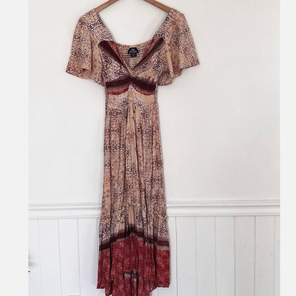 Angie Twist Knot Bohemian Slit Midi Maxi Dress Size XS/Small Floral Smocked B32 - Picture 2 of 16
